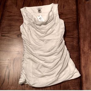 Cache Shimmer Silver Drape Neck Ruched Side Top S